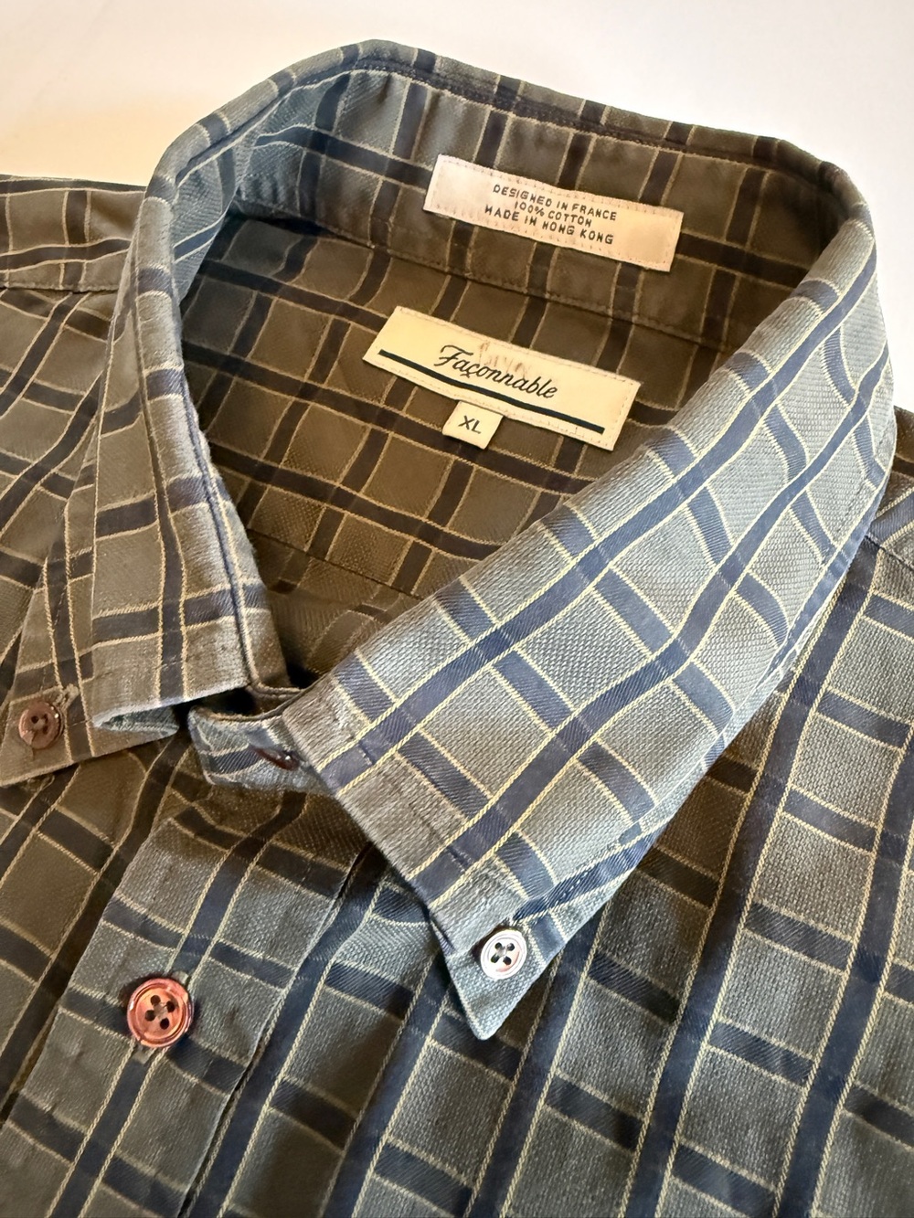 Faconnable Men’s XL Button Down Shirt Gray Blue Windowpane Plaid 100% Cotton